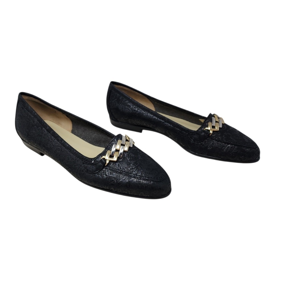 Amalfi Rangoni Loafer 9.5 Women Black Paisley Brocade Chain Italian Flats Luxury